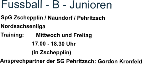 Fussball - B - Junioren SpG Zschepplin / Naundorf / Pehritzsch Nordsachsenliga Training: 	Mittwoch und Freitag 17.00 - 18.30 Uhr (in Zschepplin) Ansprechpartner der SG Pehritzsch: Gordon Kronfeld